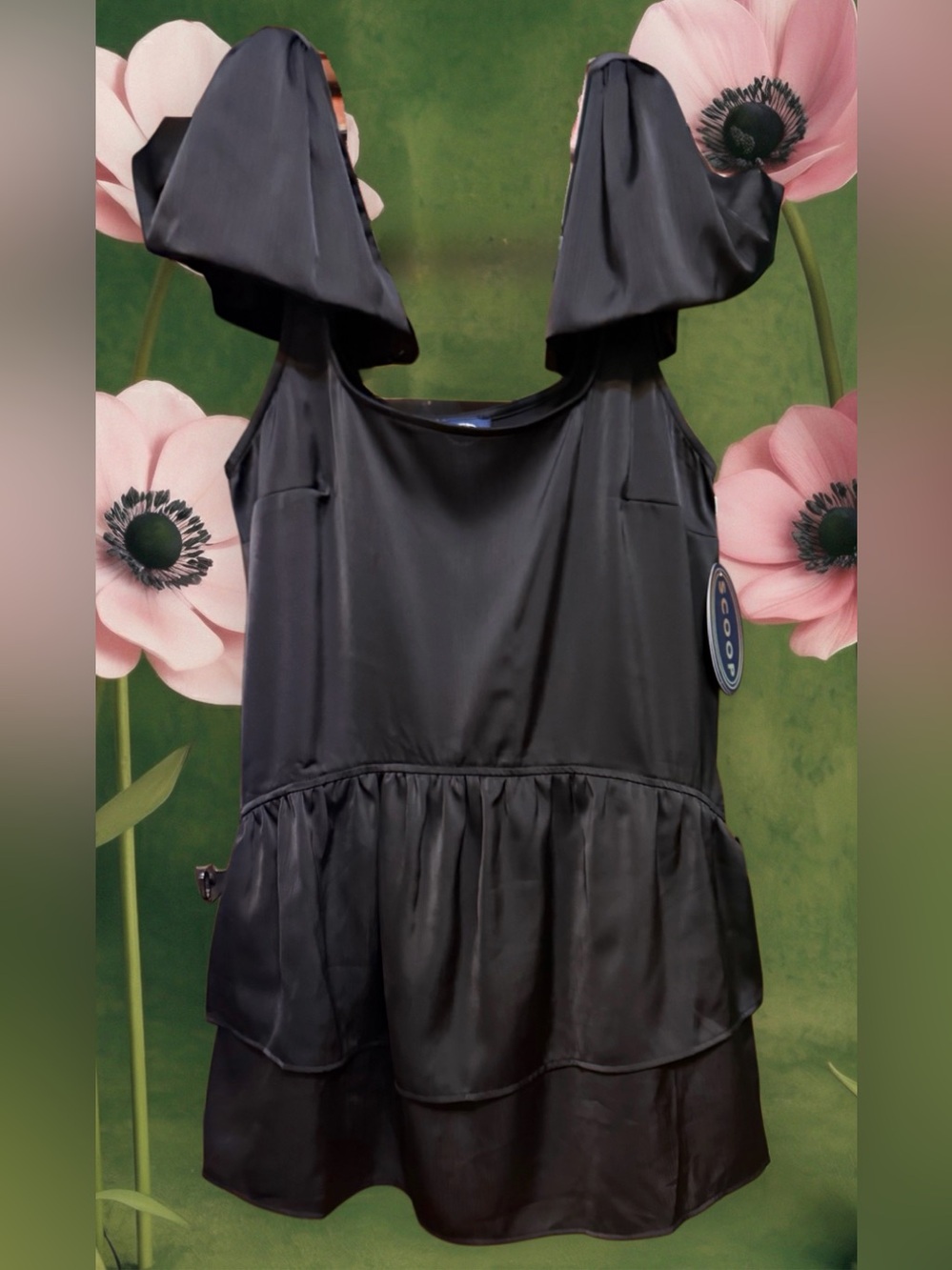 Scoop NWT Satin Black Ruffle Mini Dress w/Bow Straps - Women size Medium